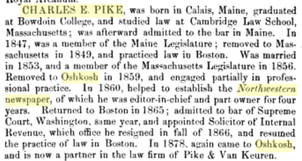 1881 – Charles E. Pike – History of Wisconsin entry