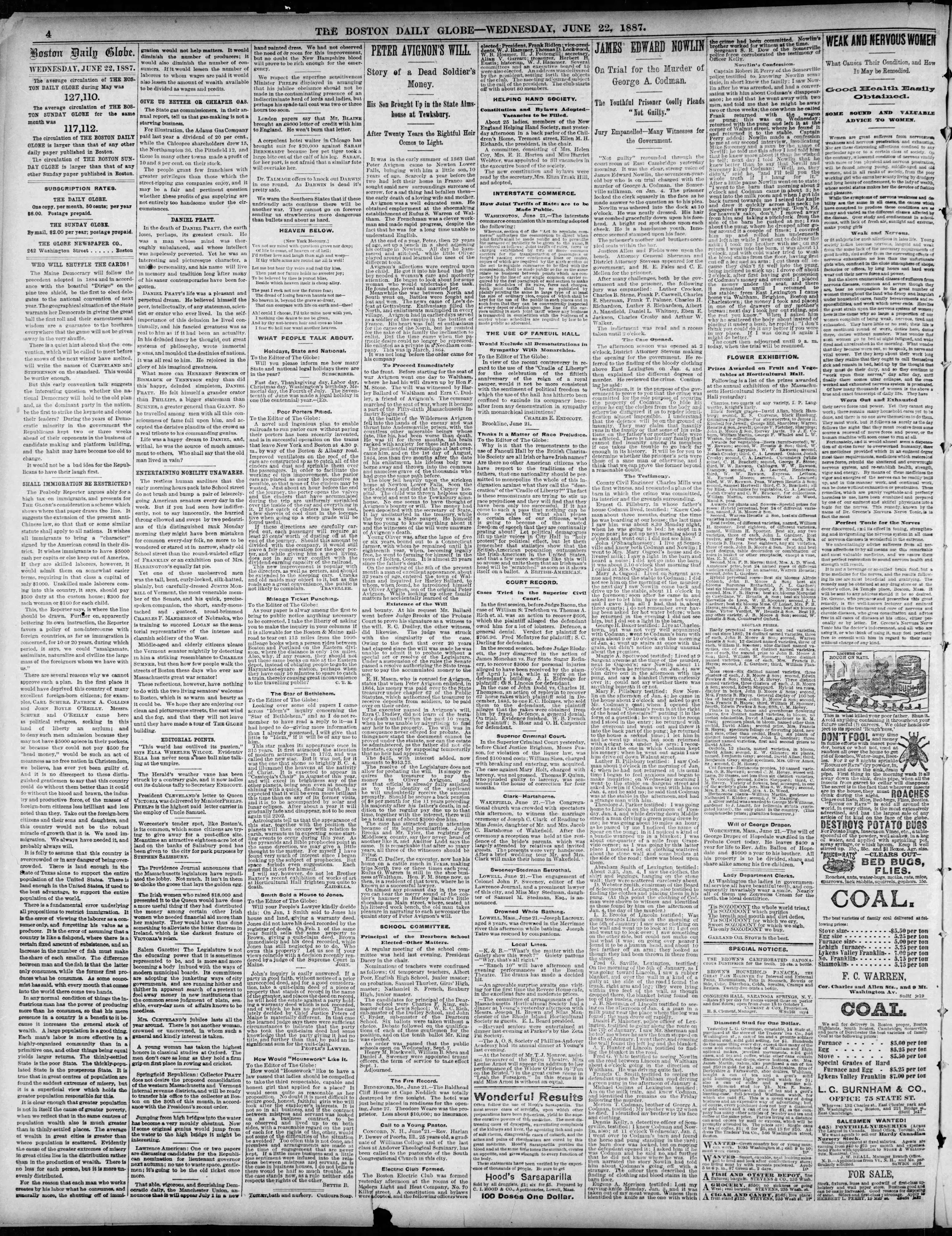 Boston Globe page: Peter Avignon's Will, naming Ezra C. Dudley as witness and executor