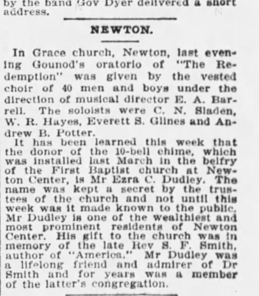 Boston Globe clipping: Ezra C. Dudley revealed as donor of the Newton Centre church chime