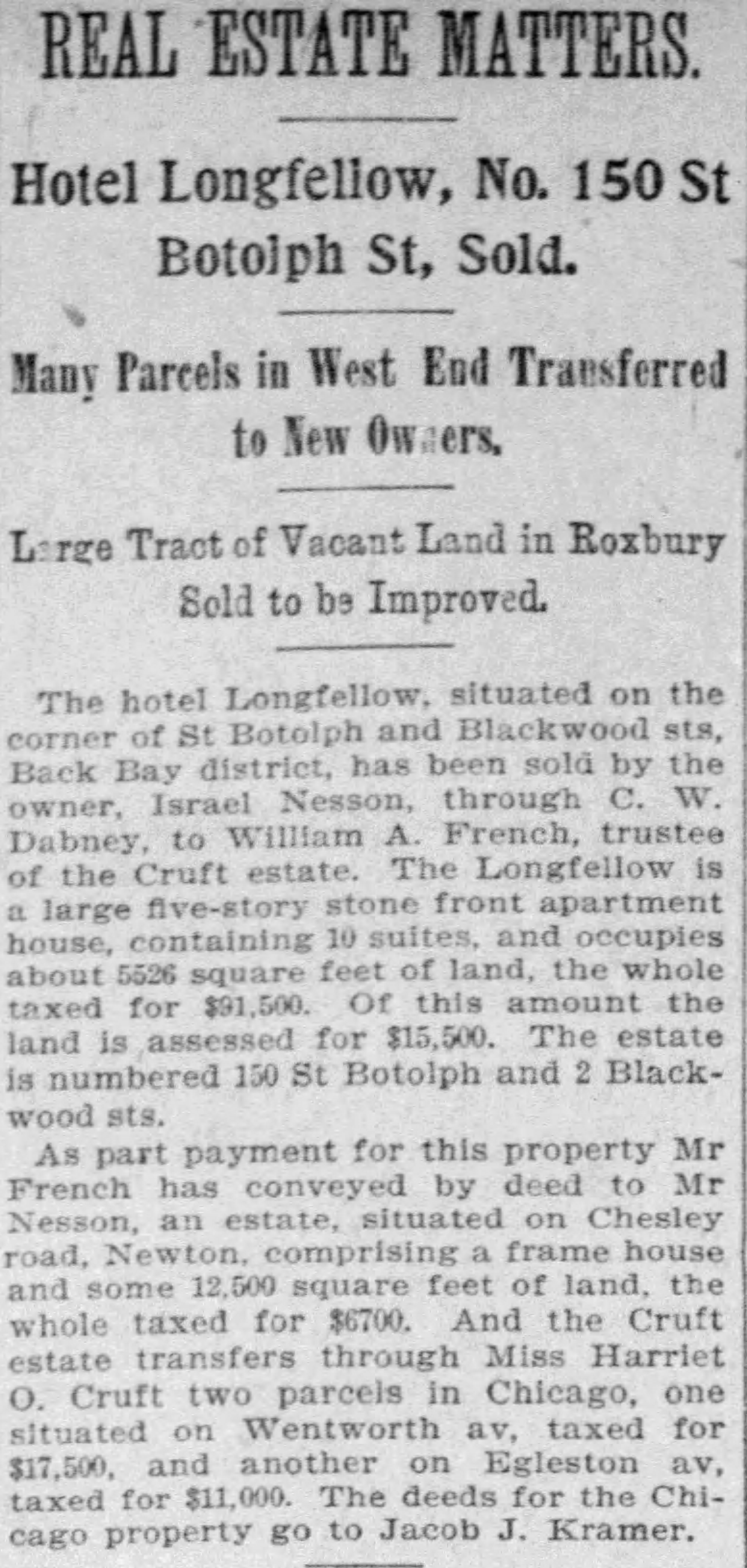 Boston Globe clipping: Real Estate Matters column reporting the Hotel Longfellow sale and the conveyance of the Chesley Road estate