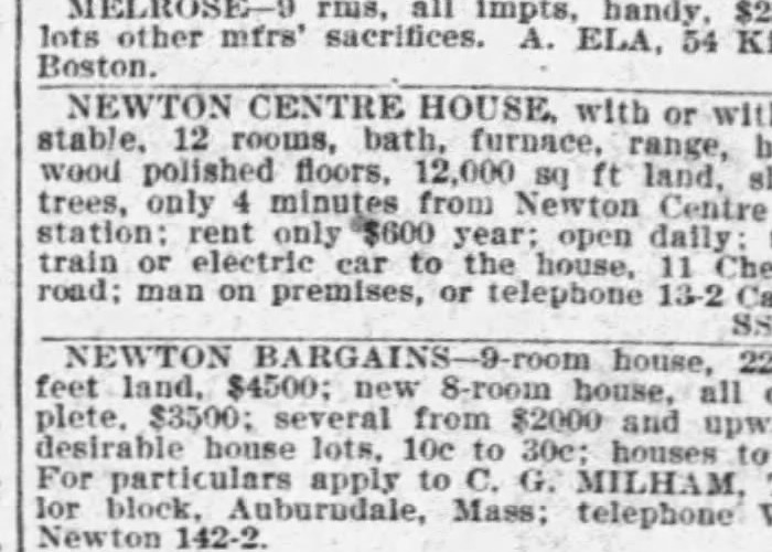 Boston Globe classified ad: Newton Centre house for rent at 11 Chesley Road, 1901