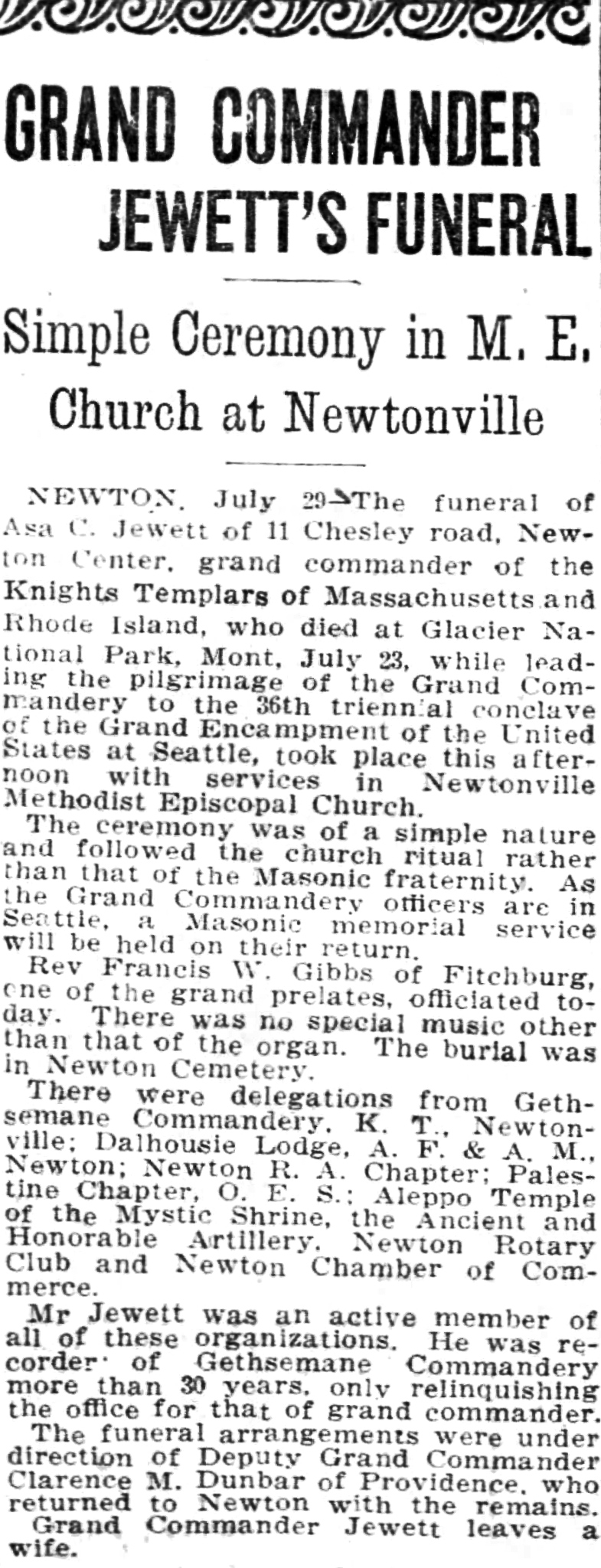 Boston Globe: Grand Commander Jewett's funeral