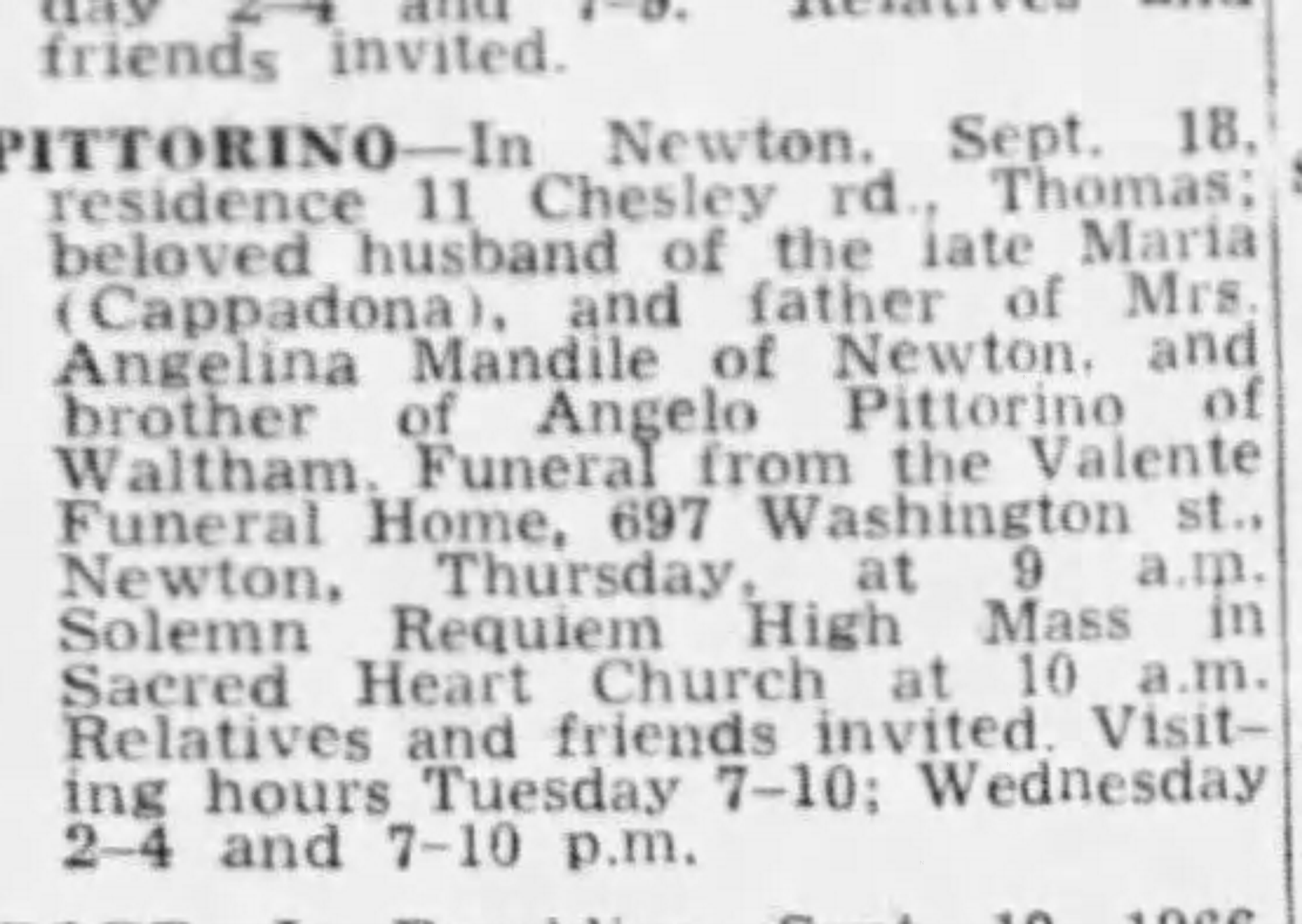 Boston Globe death notice for Thomas Pittorino of 11 Chesley Road