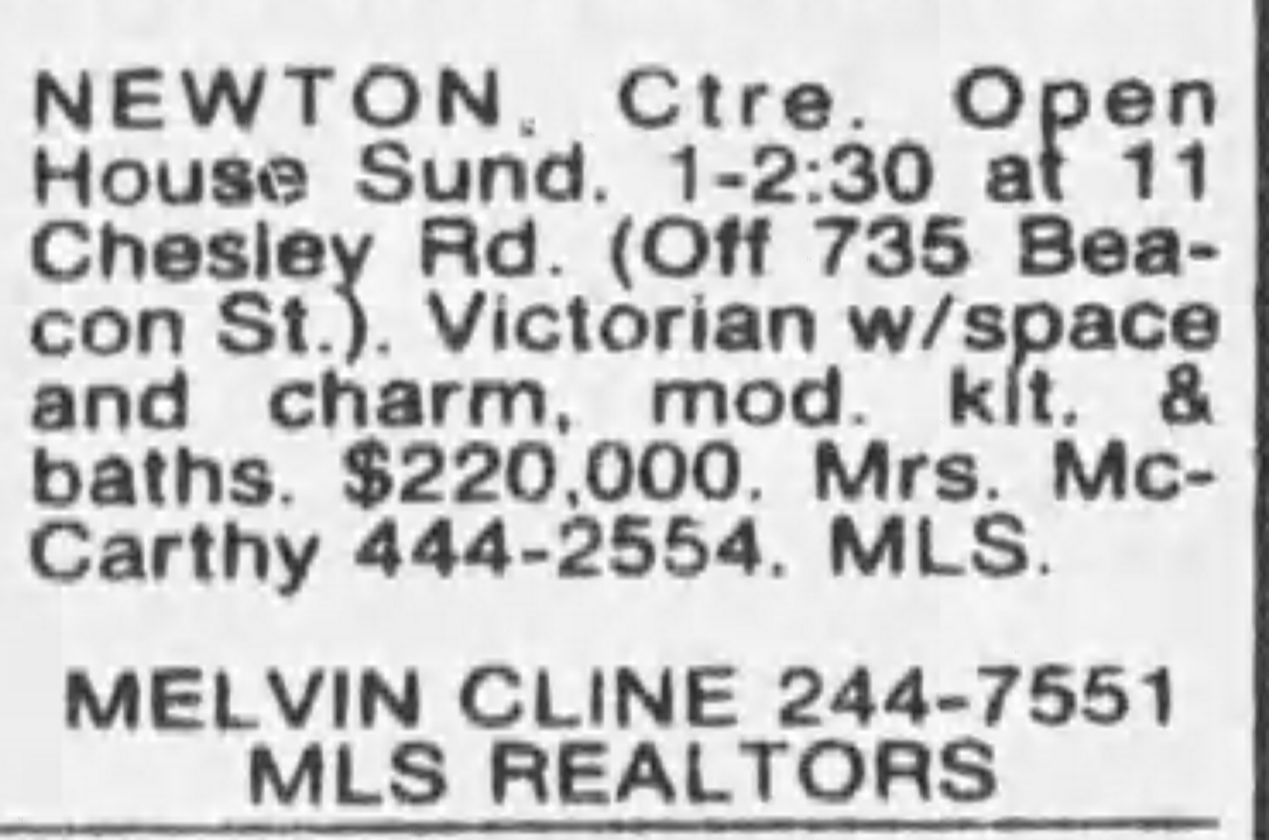 Boston Globe classified ad: open house at 11 Chesley Rd, $220,000