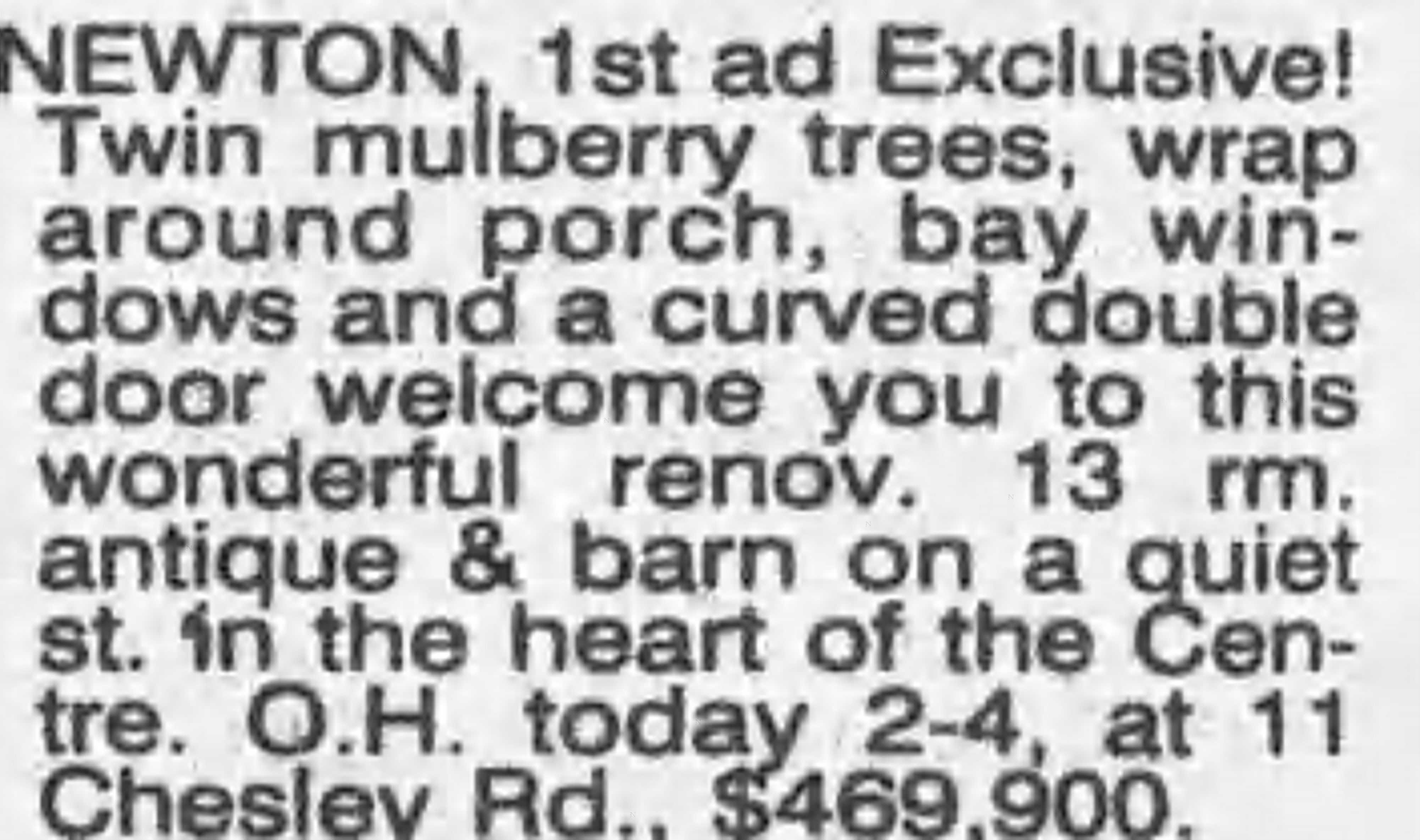 Boston Globe classified ad: 13-room antique and barn at 11 Chesley Rd, $469,900